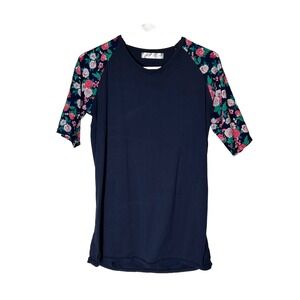 Doublju Womens Navy Blue Floral Raglan Baseball Tee Half‎ Sleeve Size M